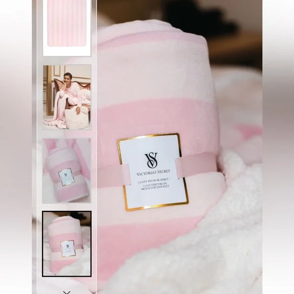 VICTORIA SECRET FAUX FUR TOTE,COZY FLEECE BLANKET,T-JAMA  WITH PINK STRIPE - Picture 3 of 12